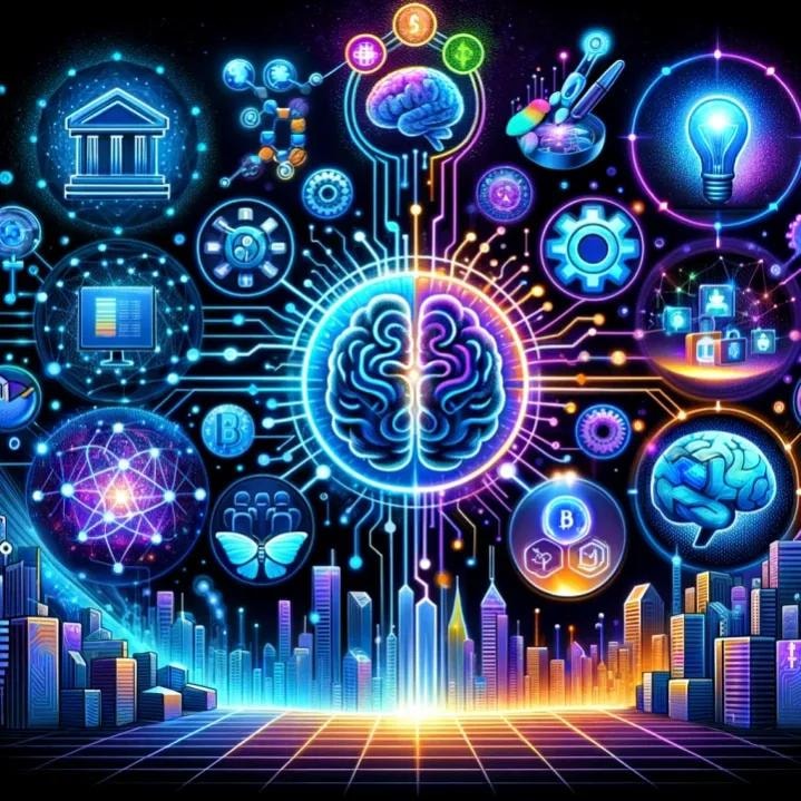 AI neural network brain with blockchain and technology icons in a digital cityscape