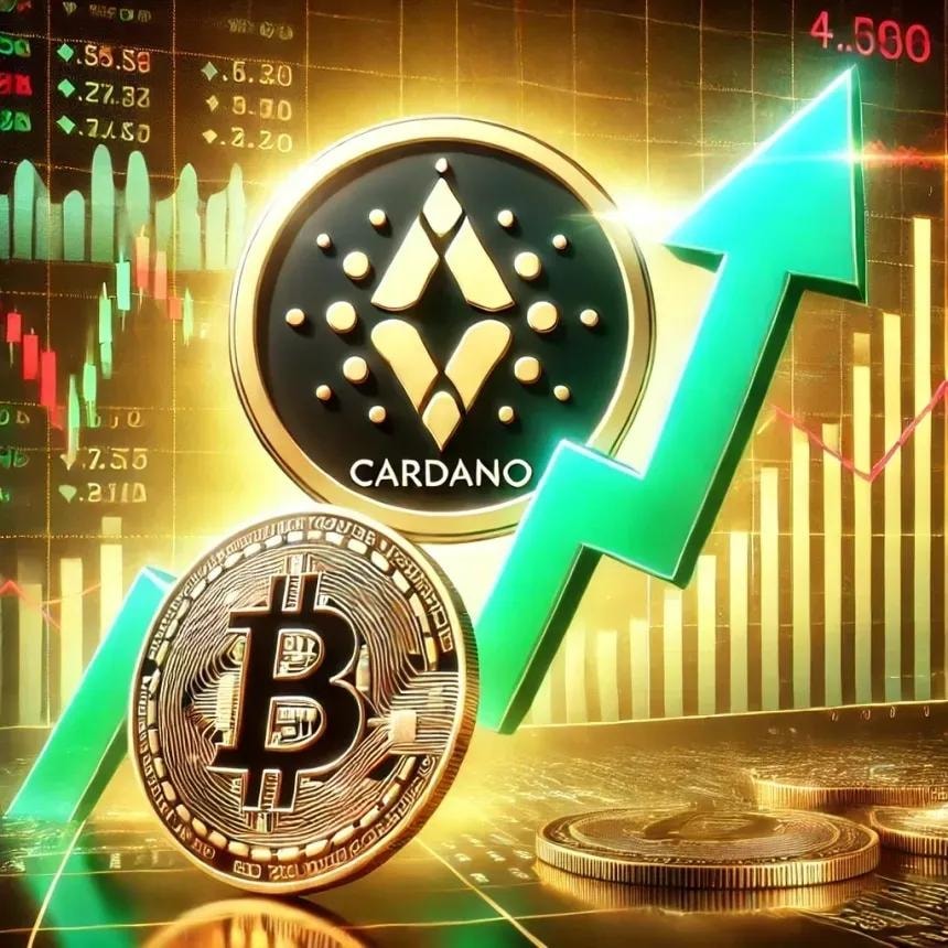 Cardano and Bitcoin cryptocurrency coins with upward trending market data