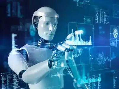 AI robot interacting with digital data visualization